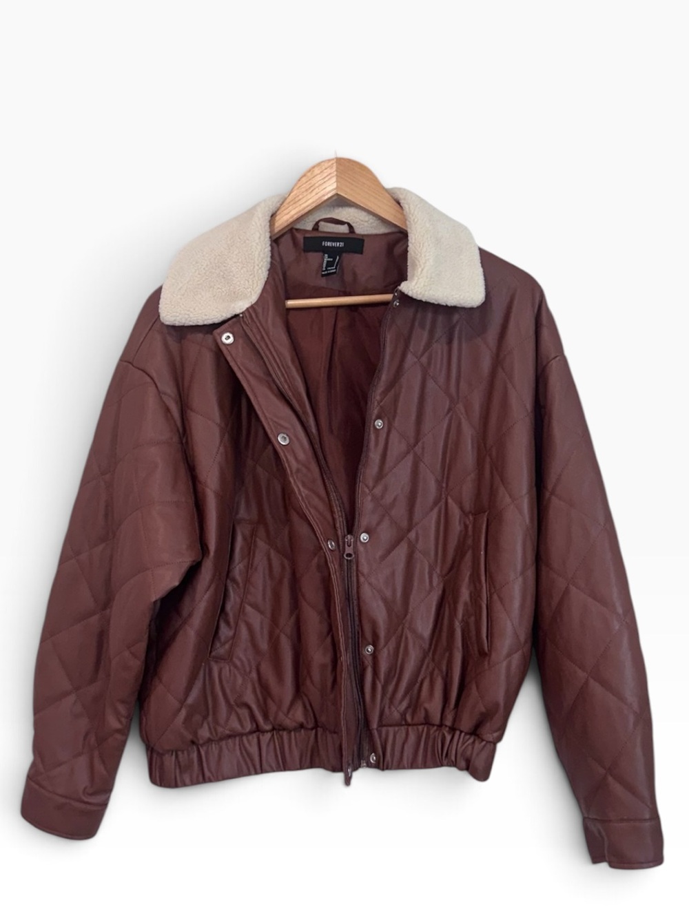 Forever 21 Brown Quilted Faux Leather Bomber Jacket with Sherpa Collar Size Larg - Picture 2 of 9
